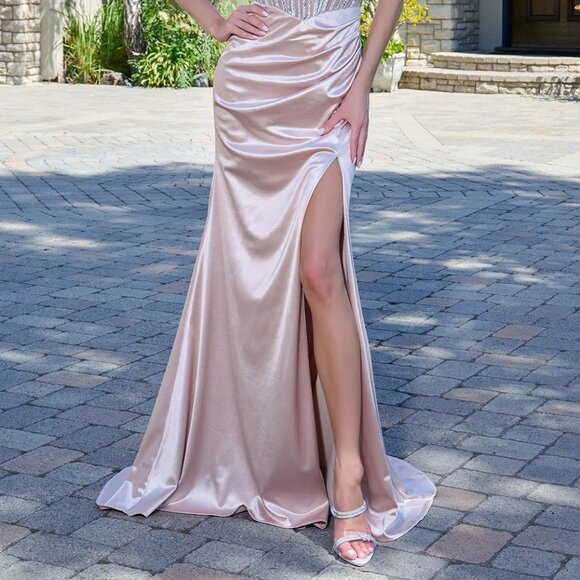 New Soft Satin Prom Gown w/ Rhinestones Embellishments & Gathered Wasit GL3798 - Picture 9 of 12